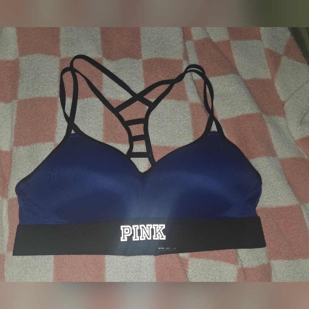 PINK Victoria's Secret Blue and Black Sports Bra With Ladder Back